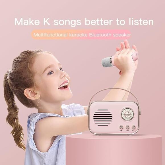 Retro Mini Karaoke Machine with Wireless Microphone, Portable Small, 1 Mic, Pink - Picture 4 of 6